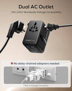 MOMAX 70W Universal Travel Adapter, 6-in-1 International Power Adapter with USB-C Retractable Cable, Dual-AC Plug Adapter PD Fast Charging Worldwide Wall Charger for US/UK/EU and Over 200 Countries