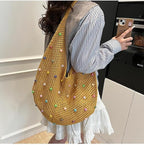 Boho Crochet Beach Tote Shoulder Bag with Colored Beads | Colorful Aesthetic Hippie Knit Bag for Women