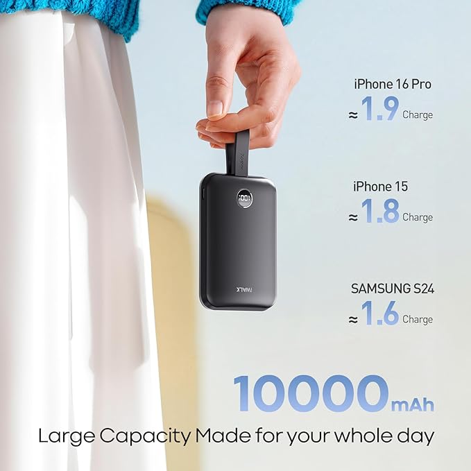 iWALK Magnetic Power Bank 10000mAh, 30W Wireless Portable Charger with Fast Charging USB-C Cable,Qi2 Certified 15W Battery Pack with LED Display for iPhone 17/16/16 Pro/15/14/13 Series, Samsung Galaxy