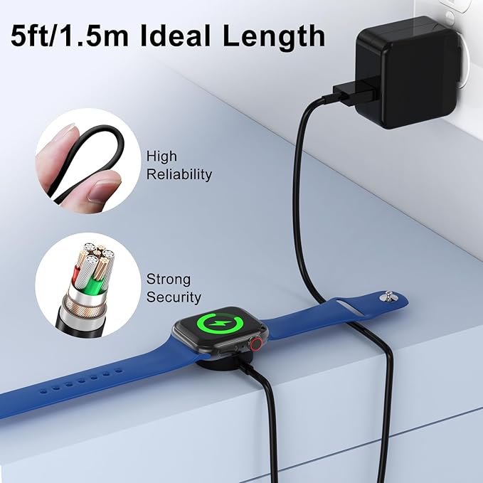 2Pack 5ft/1.5m for Apple Watch Charger USB Magnetic Wireless Fast iWatch Charger Portable Compatible with iWatch Ultra/Series 9/8/7/6/SE/SE2/5/4/3/2/1-[Black]
