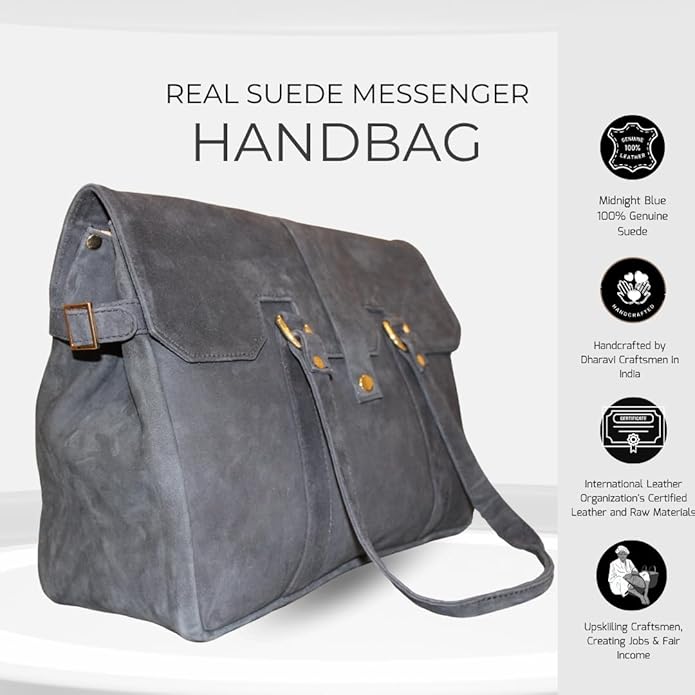 Amari Midnight Blue Suede Leather Tote Bag for Women | Fits 14” Laptop | Ethical Handcrafted Indian Shoulder & Messenger Bag | Soft Genuine Suede | Office, Travel & Everyday Use