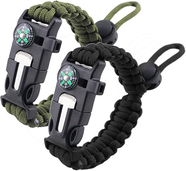 ZHIYE Survival Paracord Bracelet Flint Fire Starter Scraper Compass Wilderness Survival Whistle Adjustable Wristband 2Pack Black&Armygreen
