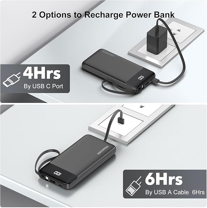 Portable Charger Built-in Cables,10000mAh Power Bank for iPhone,Fast Charge USB C Battery Pack Travel Essentials Slim Lightweight Powerbank Compatible with iPhone 17/16/15/14, Samsung, Android, etc