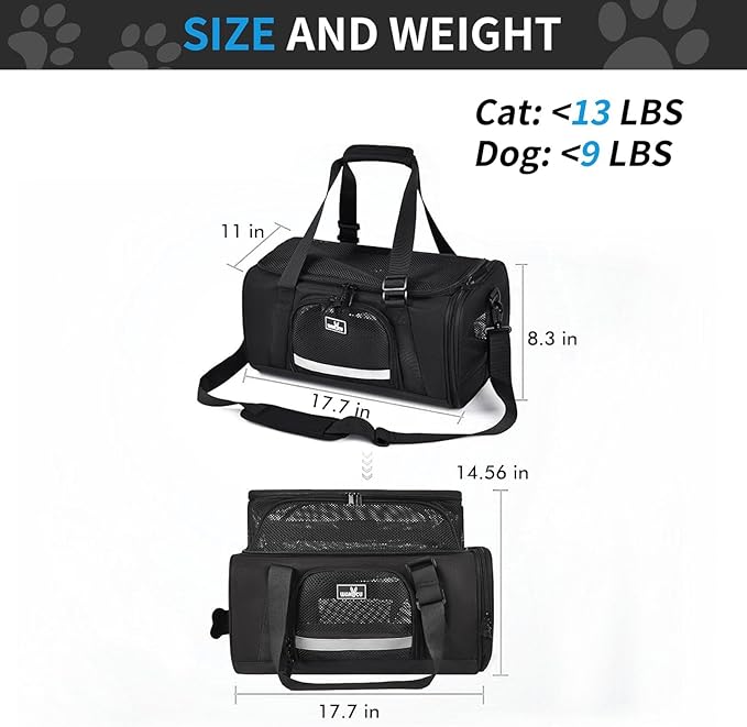 Wakytu Airline Approved Pet Carrier, Collapsible Cat Carrier, Expandable Dog Carrier, 900D High Density Oxford Cloth, Wear-Resisting, Anti Tearing, Safety Lock Zipper, Reflective Tape