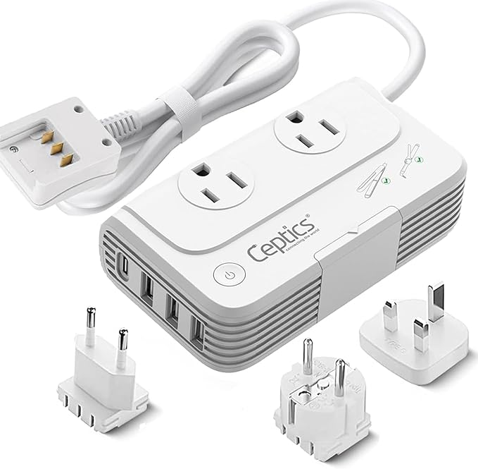 Ceptics European Travel Voltage Converter, 200W Adapter for Curling Iron, Straightener, Charger, Step Down World Power Plug - 4 USB PD 18W Fast Charging - SWadApt Compatible - Type C, E/F, G Included