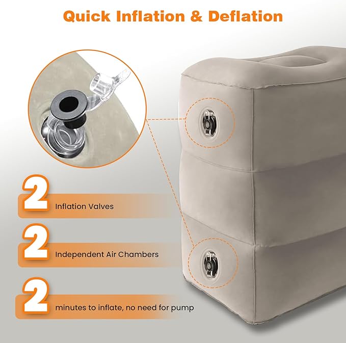 Inflatable Foot Rest Pillow for Travel, 5 Height Adjustable Leg Rest Pillow for Economy Class, Car, Office and Homes