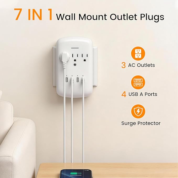 Oviitech Multi Outlet Wall Mount Adapter Surge Protector with 4 (4.2 AMP) USB Charging Ports,3 Outlet Extender Socket Plugs,White,ETL Certified.