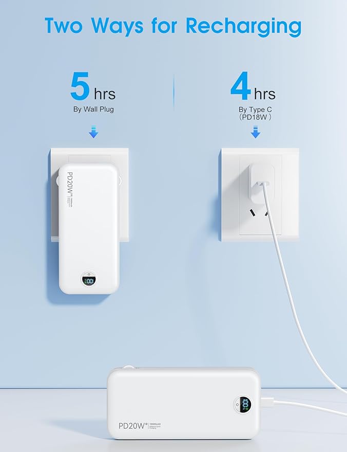 Portable Phone Charger, 10000mAh PD20W Fast Charging Power Bank with Built-in Cables & Wall Plug, External Battery Bank with LED Display, Travel Essential Battery Pack for iPhone, iPad, Samsung White