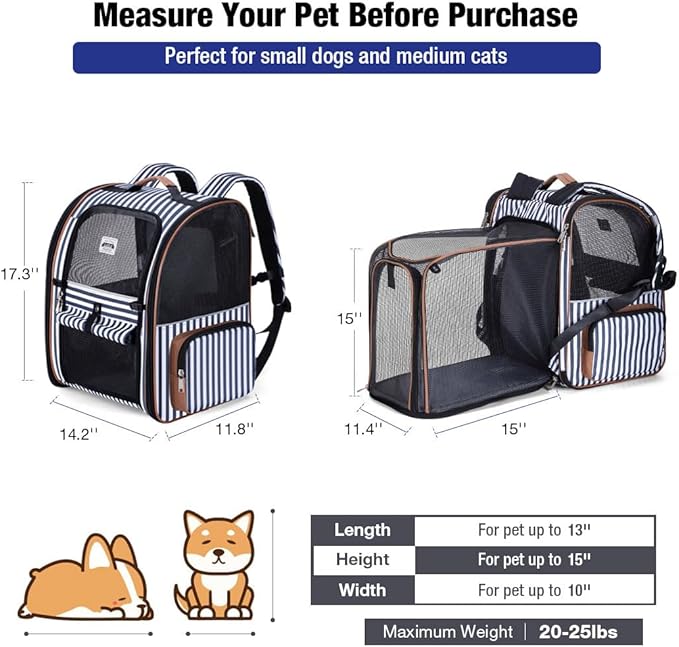 Extra Large Cat Backpack Carrier Expandable Pet Carrier Backpack for Small Dogs Medium Cats Fit Up to 18 Lbs, Dog Backpack Carrier, Foldable Puppy Backpack Carrier for Travel, Hiking,Striped