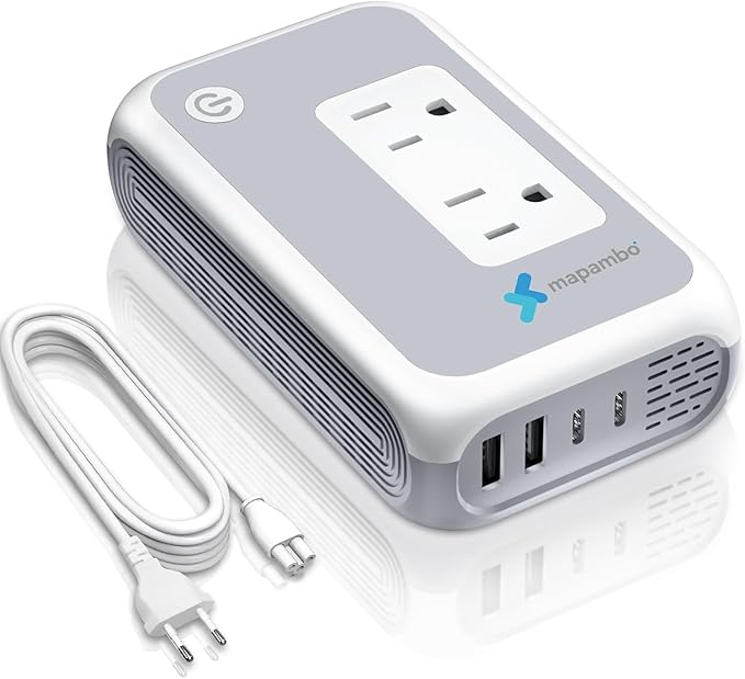 220V to 110V Voltage Converter US to Europe for Curling Iron and Hair Straighteners, Power Converter for European Travel Plug Adapter with 2 USB A & 2 USB C Ports (White)