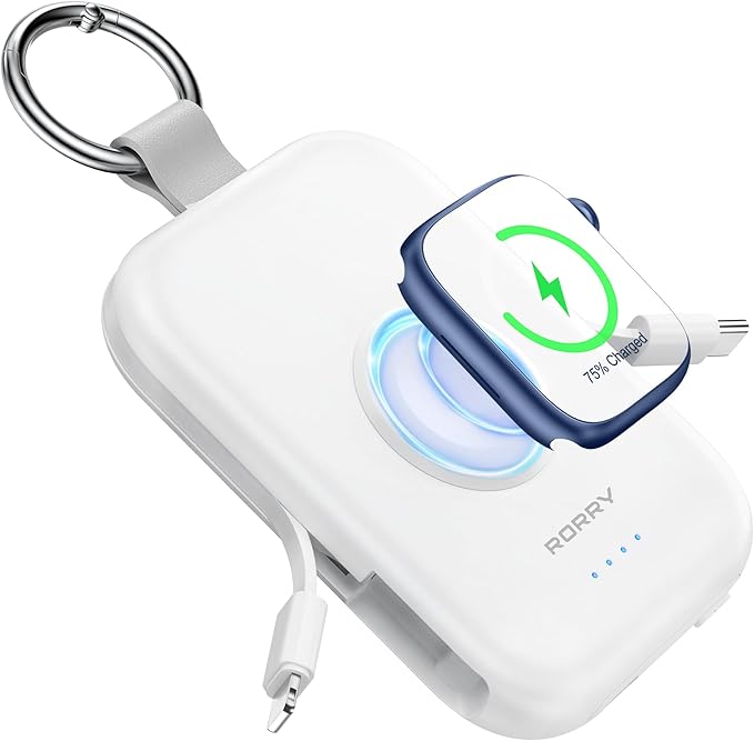 RORRY CharmGo Portable Charger, 5000mAh Portable Charger Power Bank with Built-in Cables, Travel Keychain Battery Pack for Apple Watch and iPhone Air/17/16/15/14/13/12, White