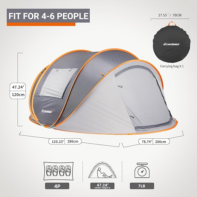 EchoSmile Pop Up Camping Tent, 2/4/6 Person Easy Setup Tent, Water Resistant Dome, Portable with Carry Bag