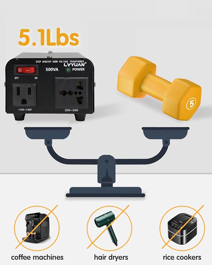 LVYUAN Voltage Transformer Converter 500 Watt Step Up/Down Convert from 110-120 Volt to 220-240 Volt and from 220-240 Volt to 110-120 Volt with US Outlet, Universal Outlet, Circuit Breaker