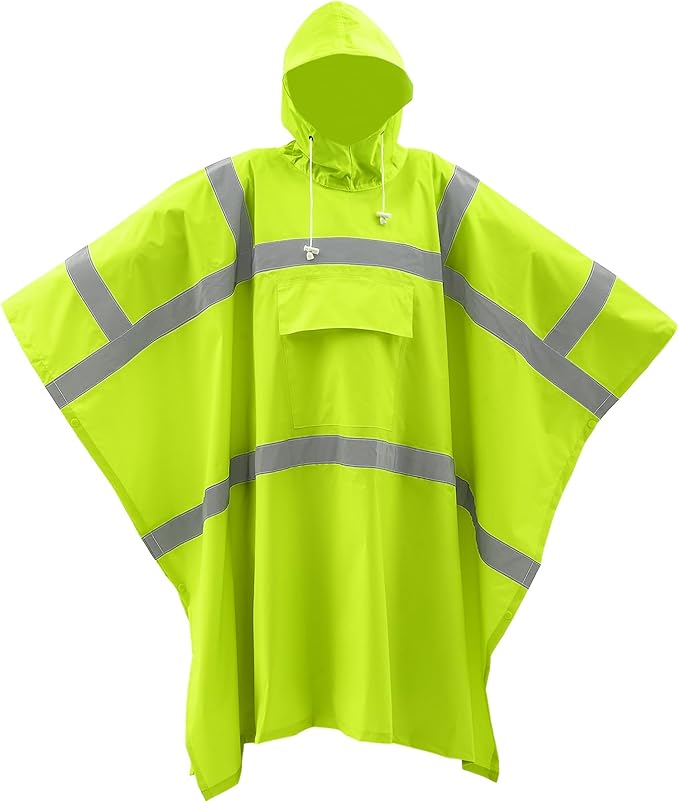 Coume High Visibility Rain Poncho with Large Pocket 50×80 Inch Reflective Rain Coat Safety Jacket Unisex for Outdoor Worker
