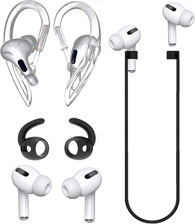 JNSA [Never Lose Your Air Pods Pro] Anti Slip Set, Sport Ear Hook Compatible with Air Pods Pro (Clear)+ Air Pods Pro Earbuds Ear Hooks Cover + Strap Lanyards for Air Pods Pro [3in1],Black