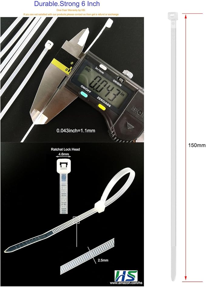 HS Clear Zip Ties 6 Inch Small (100 Pcs) 18 LBS Self Locking Zip Ties White Nylon Ties Thin,Strong and Durable