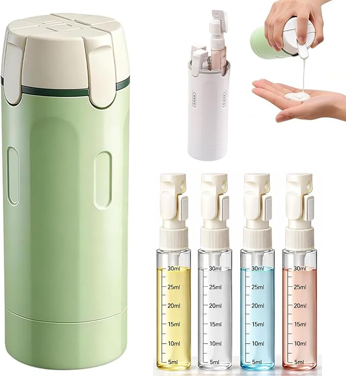 4 in 1 Travel Dispenser Bottle,Leak Proof Refillable Bottles Store Shampoo, Lotion and More,Transparent with Scale, Easy Squeeze Use, Lightweight & Portable Perfect for Travel,Gym,Camping (Green)