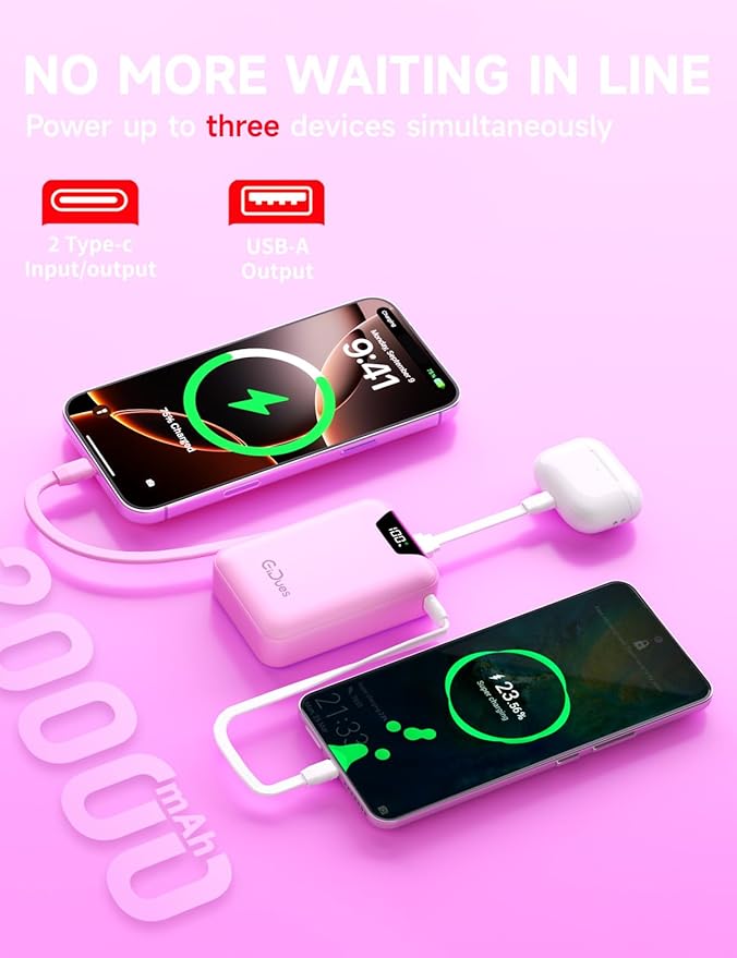 M2 Portable Charger, 20000mAh Power Bank, PD 35W Ultra Fast USB-C Built-in Cable, Compact Cute Mini External Battery Pack for iPhone, Samsung, Android iPad (Pink)