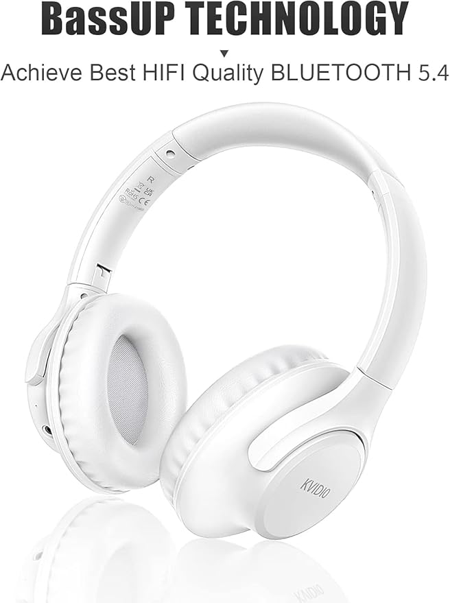 KVIDIO Bluetooth Headphones Over Ear, 65 Hours Playtime Wireless Headphones with Microphone, Foldable Lightweight Headset with Deep Bass, HiFi Stereo Sound Low Latency for Laptop PC Cellphone