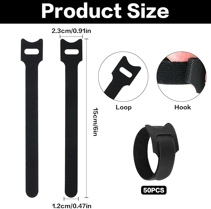 50 Pcs Reusable Cable Ties for Cords, 6" Hook and Loop Adjustable Cord Straps, Reusable Zip Ties, Wire Organizers for Cords Electrical Cord Management Office Home Computer PC Cable Management(Black)