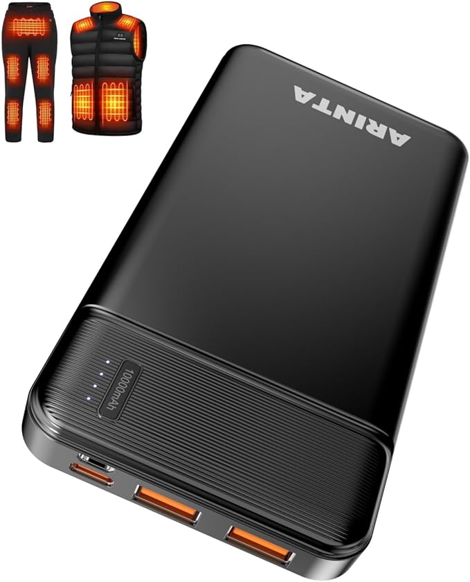 5V 2A Power Bank Battery Pack for Heated Jacket & Vest, Portable Charger 10000mAh, Ultra Slim with USB-C Input/Output, Compatible for Smartphones & Tablets, Gifts for Men Women. (Black)