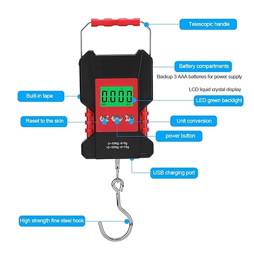 Luggage Weight Scale, Digital Crane Scale with Hanging Hook, 50kg LCD, USB Rechargeable, Luggage, Waterproof Electronic,for Travel
