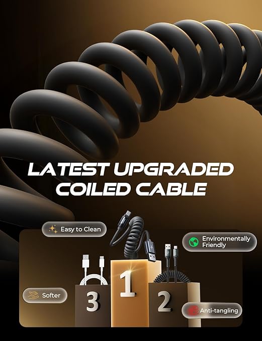 LISEN Coiled USB C Cable, 2 Pack for Android Auto & CarPlay Cable, Short USB A to USB C Cable Compatible with iPhone 17/16/15, Samsung Galaxy S25/S24/S23 A15/A14, Google Pixel 9/8, Space Black 6FT