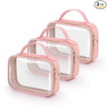 Wedama TSA Approved Toiletry Bag, 3 Pack Clear Makeup Bags with Handles, Quart Size Clear Toiletry Bags, PVC Cosmetic Bags for Women and Men, Carry on Airport Airline Comp (Pink, 3 Pack, Medium)
