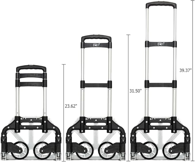 Aluminum Folding Hand Trucks, Foldable Roller Shopping Trolley Collapsible 2 Wheel Trolley Expandable Large Chassis Foldable intoBackpack for Moving Travel Shopping Airport Office,Black