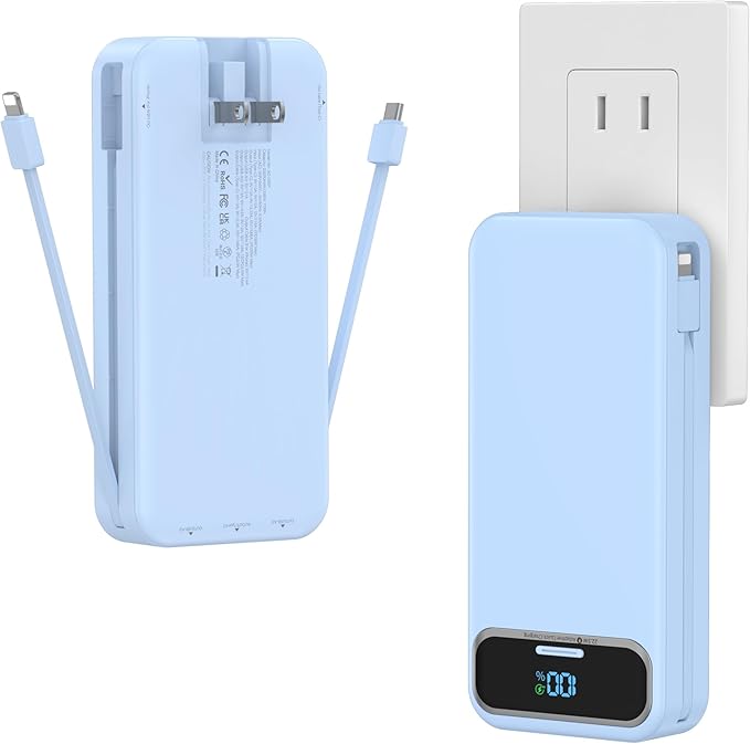 20000mAh Lightweight-Portable-Charger-Power-Bank with Built-in Cables and AC Wall Plug, PD20W USB-C Fast Charging Battery Pack, LED Display External Travel Phone Charger for All iPhone,Samsung,Android
