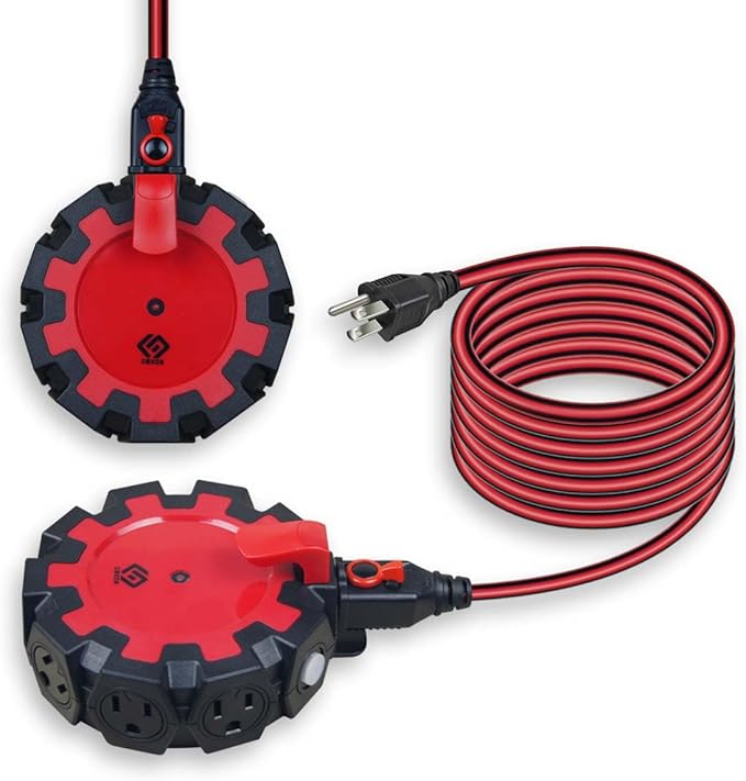 OSKOS 8-Grounded-Outlet Power Hub with Swivel Safety Cover (UL Certified), Outdoor Use, Resettable 15A Circuit Breaker, 25FT Extension Cord with Locking Outlet (ETL Listed). Combo Pack.