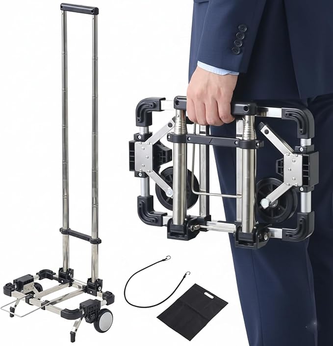 Japard Luggage Cart with 2 Wheels Foldable, Purse Trolley, Portable Travel Dolly Compact Air Travel Loadable 55 lbs, Smallest Folding Carrying Cart Light Weight