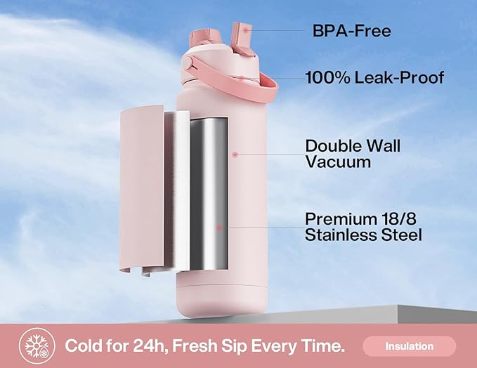 POWCAN 40 oz Insulated Water Bottle with 2-in-1 Straw and Spout Lid, Keep Cold 24H, Leak-Proof, BPA-Free, Double Wall Stainless Steel Water Bottle for Sports, Gym, Travel, Gift, Holiday (Rosy Bouquet)