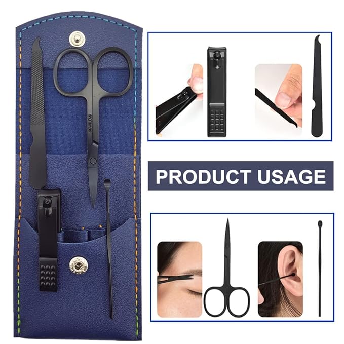 Manicure Set, Professional Men/Women Nail Clippers Kit 4PCS， Stainless Steel Nail Cutter Care Tools Professional Grooming Kits, PU Leather Travel Case(black)