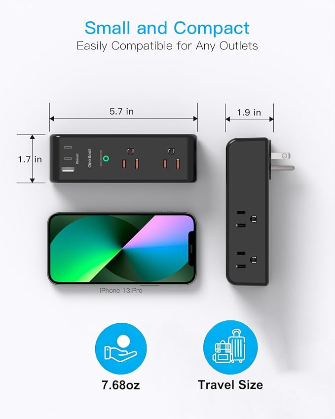 Surge Protector Outlet Extender with Rotating Plug, 6 AC Multi Plug Outlet with 3 USB Ports (2 USB C), 1800J Wall Charger Swivel Power Adapter with Spaced Outlet Splitter for Home Office Dorm, Black