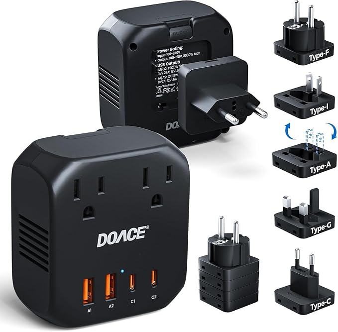 DOACE 100-240V to 100-120V Voltage Converter US to Europe for Hair Dryer - 2000W Converter for European Travel, Power Converter Adapter Combo with 2 PD/QC & UK/AU/US/IT/European Travel Plug Adapters