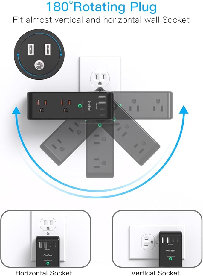Surge Protector Outlet Extender with Rotating Plug, 6 AC Multi Plug Outlet with 4 USB Ports (2 USB C), 1800 J, 3-Sided Swivel Power Strip with Spaced Outlet Splitter for Dorm Office, Black-2 Pack