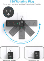 Surge Protector Outlet Extender with Rotating Plug, 6 AC Multi Plug Outlet with 4 USB Ports (2 USB C), 1800 J, 3-Sided Swivel Power Strip with Spaced Outlet Splitter for Dorm Office, Black-2 Pack