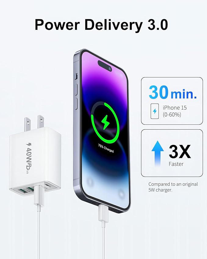 [3 Pack] USB C Charger Block, 40W 4-Port Type C Fast Charging Blocks Dual Port PD Power Adapter + QC USB Wall Charger Plug Multiport Cube USBC Brick for iPhone 17 16 15 14 13 12 11 Pro Max, Samsung
