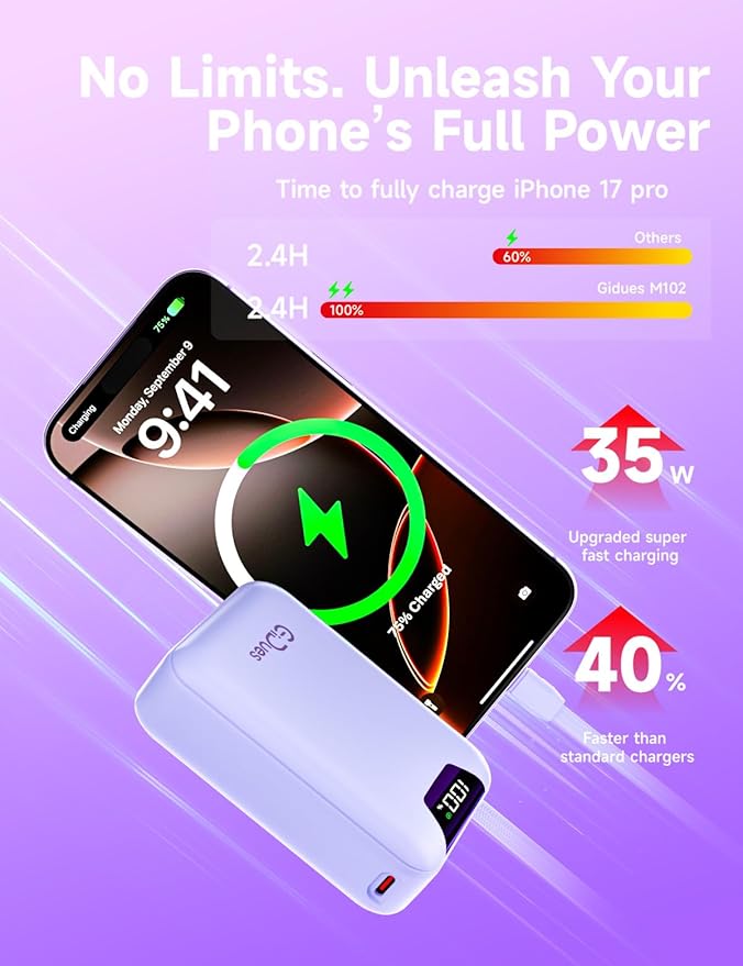 M2 Portable Charger, 20000mAh Power Bank, PD 35W Ultra Fast USB-C Built-in Cable, Compact Cute Mini External Battery Pack for iPhone, Samsung, Android iPad (Purple)