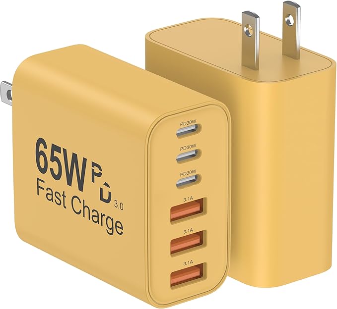 USB C Charger Block, 2-Pack 65W 6-Port USB C Wall Charger iPhone Charger Fast Charging PD Power Adapter+QC Wall Plug Multiport Type C Brick Chargers for iPhone 17 16 15 14 13 12 11 Pro Max XS,Yellow