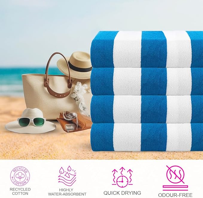 CASA COPENHAGEN Cabana Towel 4Pcs Turquoise Designer Stripe Beach Towels Gift Set, 30"x60" Oversized 100% Cotton Pool Bath Towel for Beach Gift Set (Perfect Summer Gift Set for Women & Men)