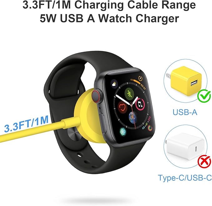 Fast Charger for Apple Watch Charger, Magnetic iWatch Charger to USB A Cable 3.3FT with USB A Wall Plug Adapter for Apple iWatch Series Ultra/10/9/8/7/6/SE/5/4/3/2 (Yellow)