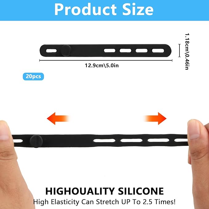 20 Pcs Black Silicone Cable Ties, Reusable Cable Straps Wire Organizer, Cable Management Cord Organizer for Fastening Earphone Phone Charger Home Office Desk Kitchen Appliances Cable Cords Wires