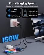 150W USB C Charger Block,GaN III Compact Foldable Wall Charger 3 Port Fast Charging Station,PD QC PPS Portable USB C Hub 100W Laptop Adapter for MacBook Pro/Air,iPad,iPhone 17/Pro,Galaxy S24,Dell etc