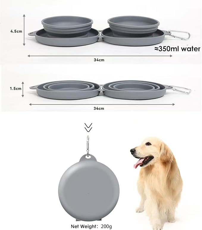 Collapsible Double Dog & Cat Bowl, 2-in-1 Silicone Food & Water Dish with Carabiner, Portable Travel Feeding Bowl for Camping, Hiking, Small & Medium Pets, Dark Grey