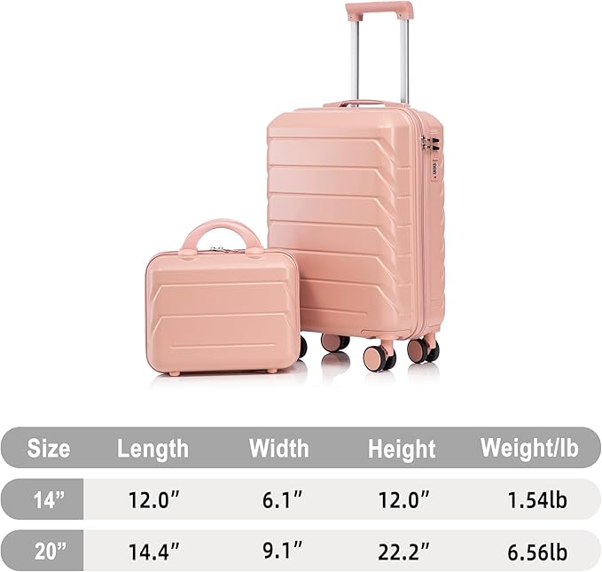 Kids Luggage Sets for Girls, 2 Piece Luggage Set, 20 Inch Rotating Wheel Suitcase with 14 Inch Cosmetic Case, Lightweight Hardshell Suitcase with 360° Spinner Wheels for Travel (Pink)
