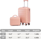 20 Inch Carry on Luggage with 14 Inch Cosmetic Case, 2 Pcs Hardshell Lightweight Durable Spinner Suitcase Set for Travel, Women, Men, TSA Lock, ABS, 20+14 Inch, Pink