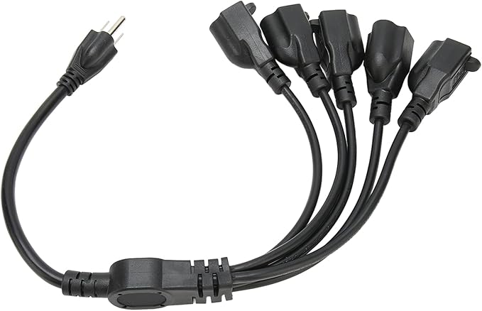 Extension Cord Splitter, 3 Prong 1 to 5 Outlet Splitter, 16AWG 18AWG 5 Way Outdoor Outlet Extender for Computer LED Stage Light