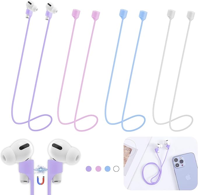 Magnetic Anti-Lost Straps for AirPods,4 Pack Ultra Strong Magnetic AirPods Strap Anti-Lost Neck Rope Cord,Soft Silicone Sports Lanyard Compatible with AirPods 1&2/ Pro /2nd/3rd(Pink+Purple+Blue+White)